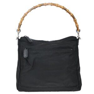 GUCCI Logo Bamboo Shoulder Hand Bag Nylon Leather Black Italy 68EG324